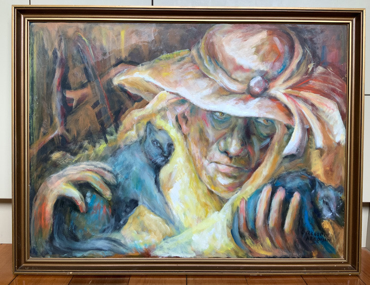 painting on board by New Zealand artist Dulcie Gillespie-Needham WOMAN IN PINK HAT